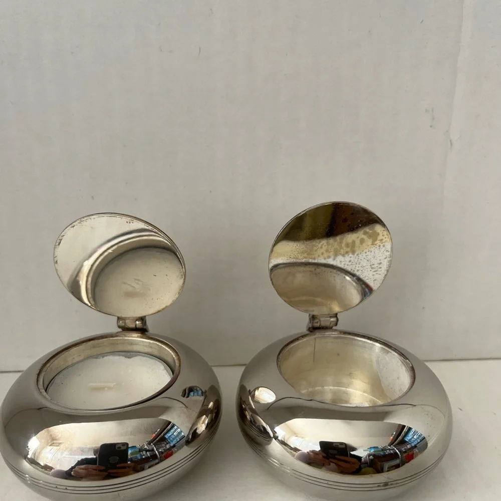 2 Vtg Pottery Barn Silverplated Round Candle Holder/Ash Tray from Pottery Barn